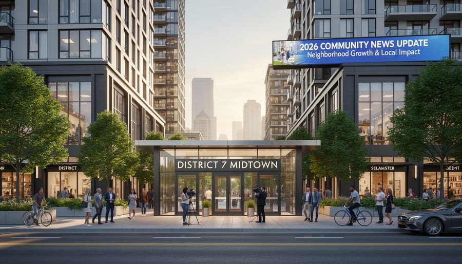 Street-level exterior view of District 7 Midtown at 501 Pierce Street in Houston Midtown