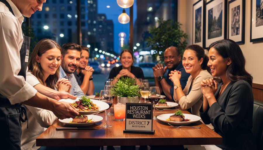 Chef or server plating a meal at a restaurant table in Midtown Houston