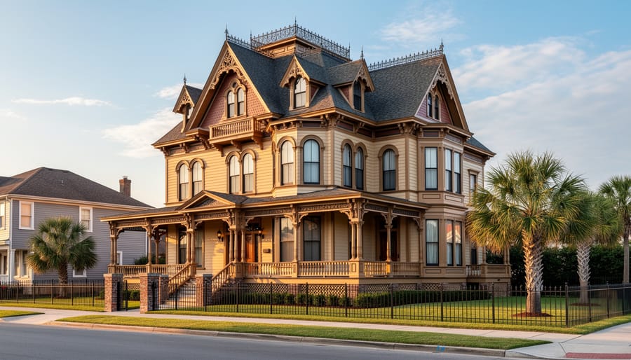 Exterior view of the Bishop’s Palace (Gresham House) in Galveston showing its Victorian architectural details.