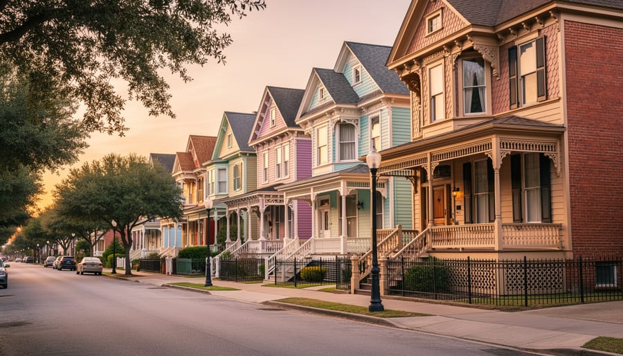 Wide view of a Galveston neighborhood showing Victorian-era houses with ornate rooftops and porches.