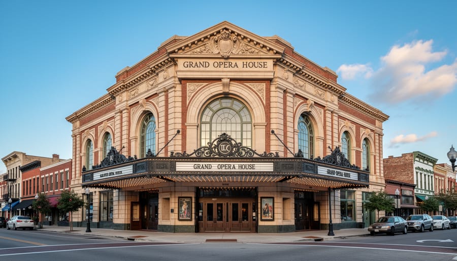 Exterior view of the Grand 1894 Opera House in Galveston showing ornate Victorian façade details.
