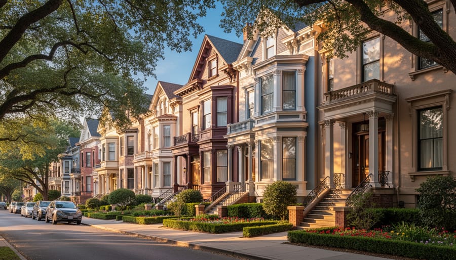 Tree-lined street in Galveston’s Silk Stocking Historic District showing ornate Victorian and Colonial Revival homes.