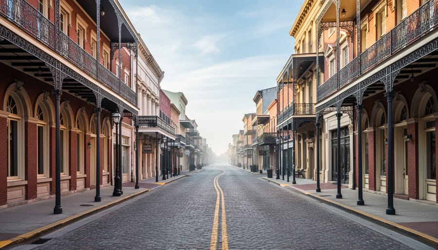 Street view along the Strand Historic District in Galveston showing Victorian commercial building facades with cast iron details.