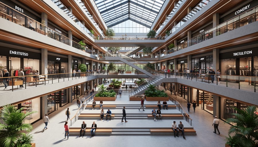 View into the central atrium at POST Houston showing multi-level circulation and gathering areas