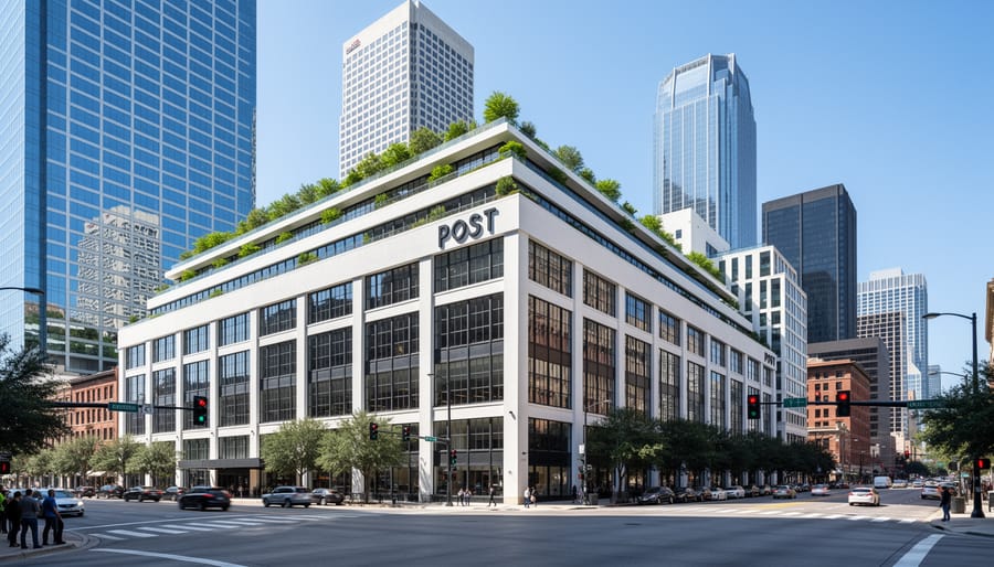 Exterior view of POST Houston with pedestrians and the landmark building facade in view