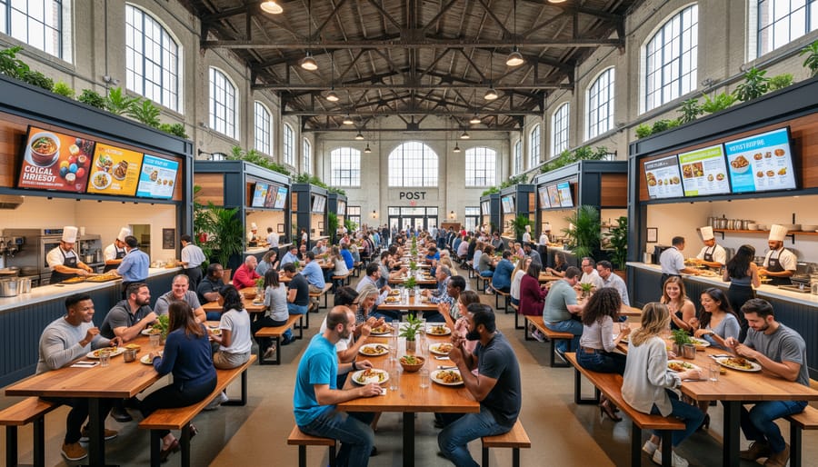 People dining inside POST Houston food hall with vendor counters and communal tables