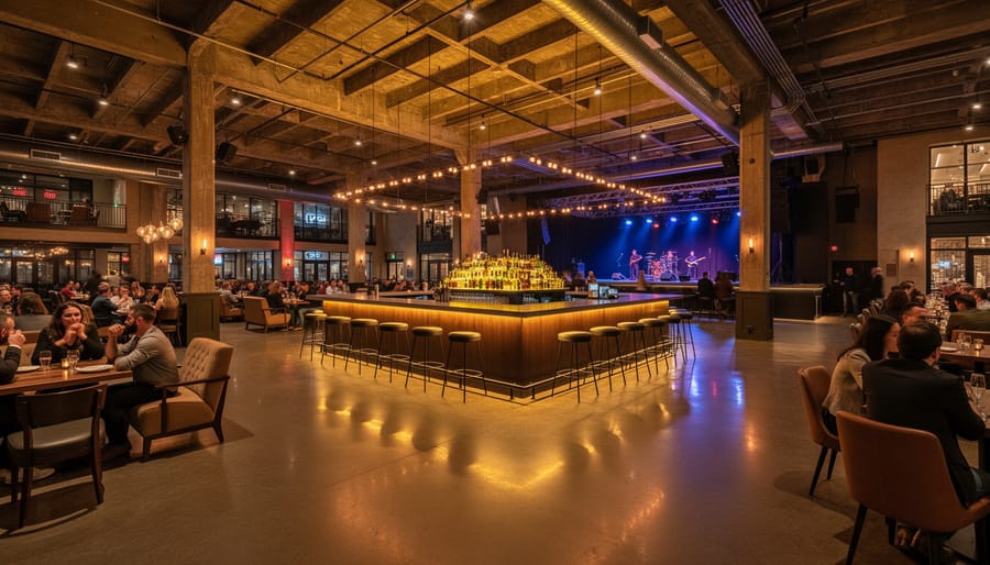 People gathered at a warmly lit bar inside the lower level of POST Houston