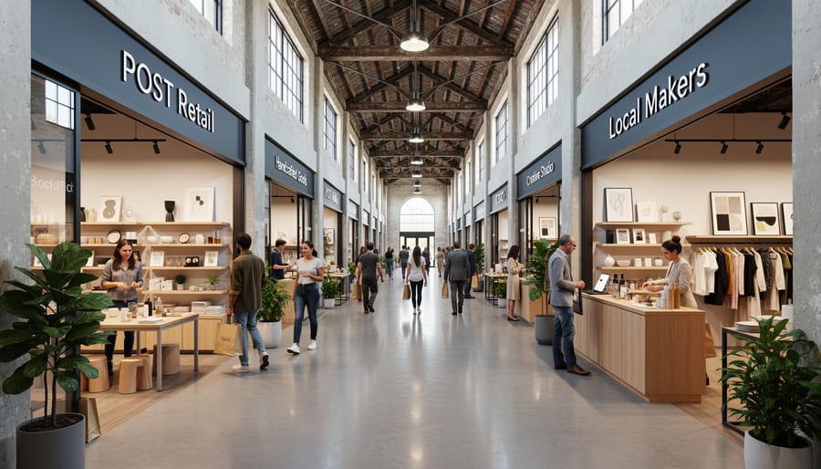 Shoppers browsing a retail area with a visible creative studio workspace inside POST Houston