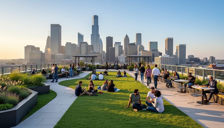 Visitors enjoying the rooftop park at POST Houston with the Houston skyline in the background